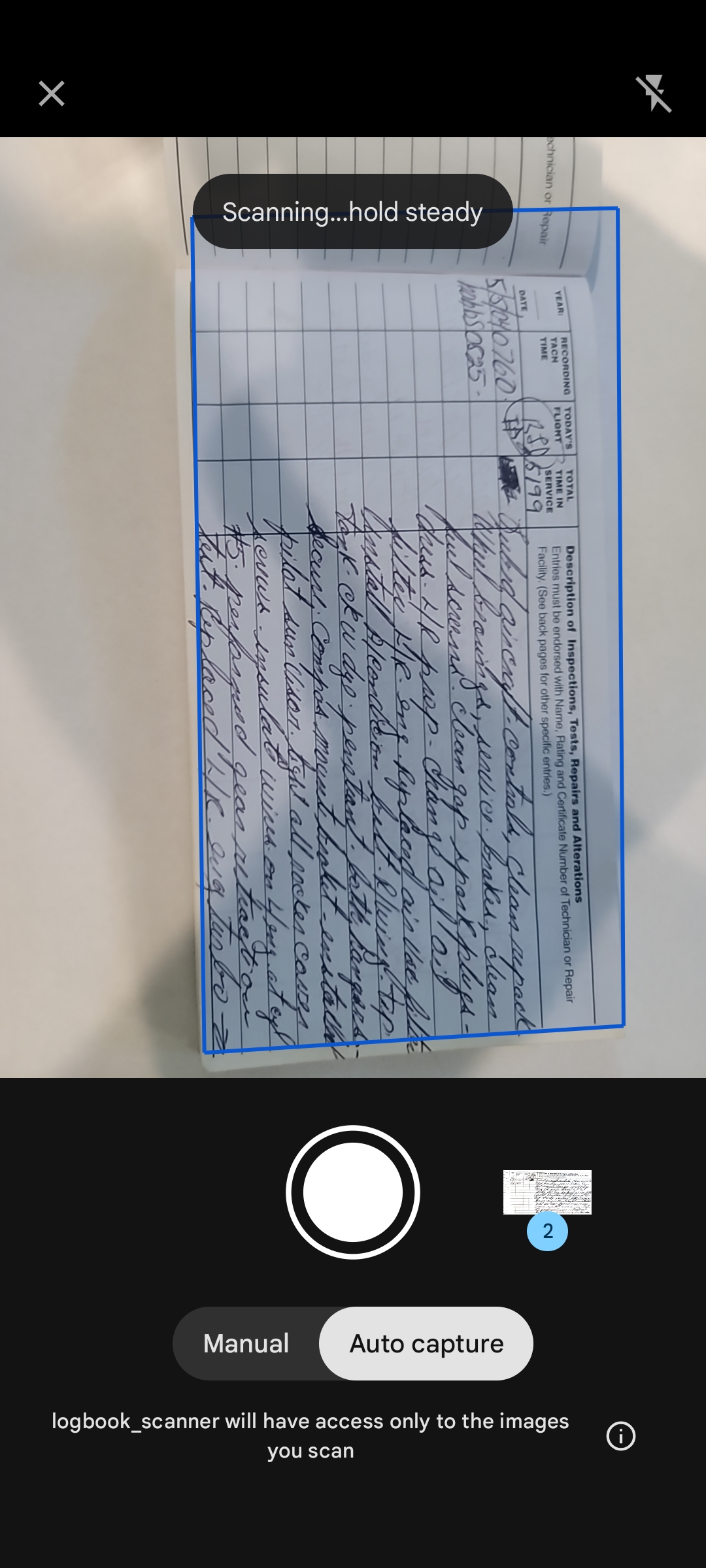 Scanner app capturing a logbook page